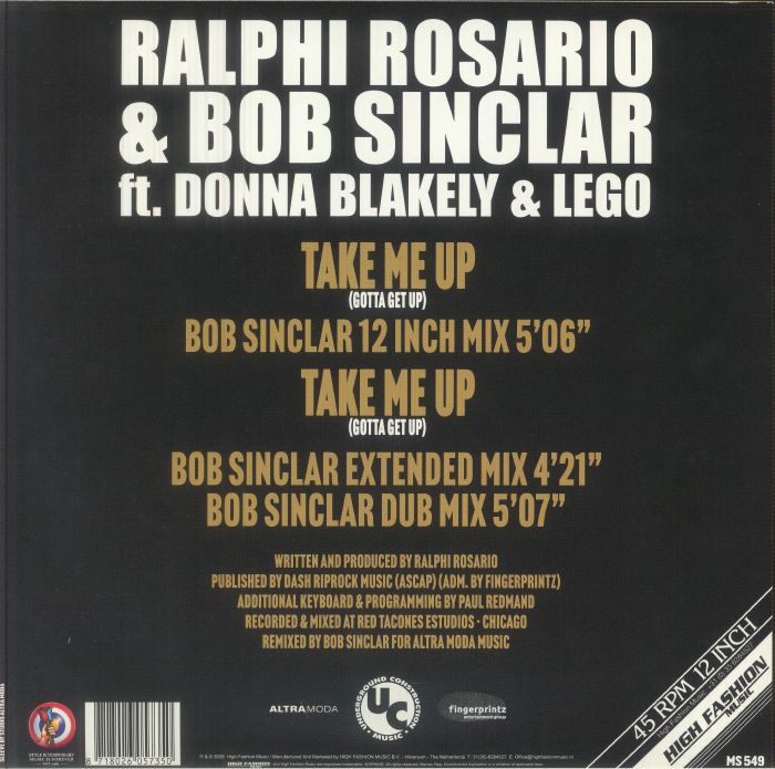 Ralphi ROSARIO / BOB SINCLAR feat DONNA BLAKELY & LEGO - Take Me Up (Gotta Get Up) (12" repress)