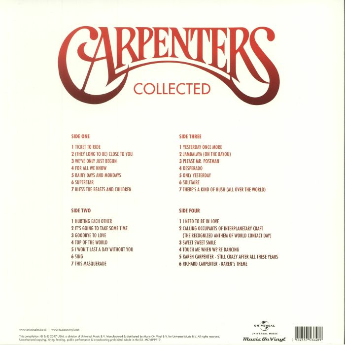 CARPENTERS - Collected (limited gatefold 180 gram audiophile vinyl 2xLP + 4 page booklet)